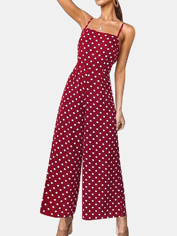 Women Polka Dot Spaghetti Strap Long Rompers Wide Leg Jumpsuit