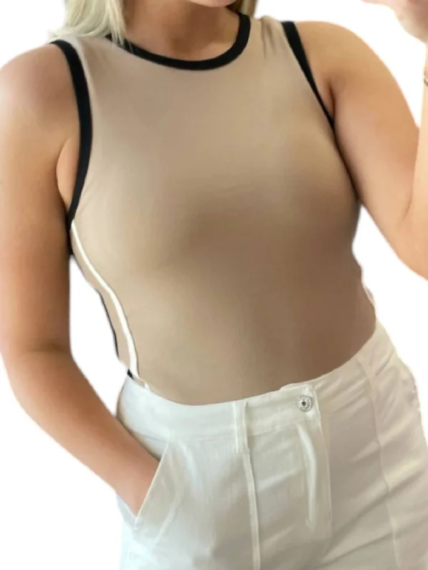 Line Detail Round Neck Bodysuit In Taupe