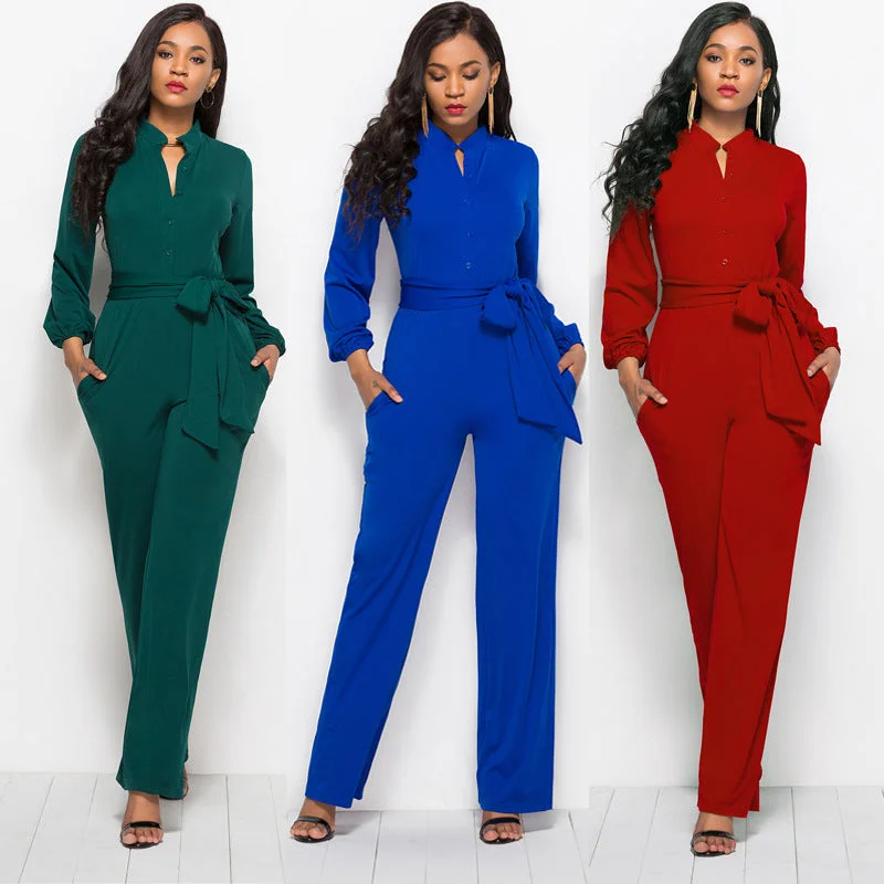 Women's Fashionable Solid Color Wide Leg Jumpsuit