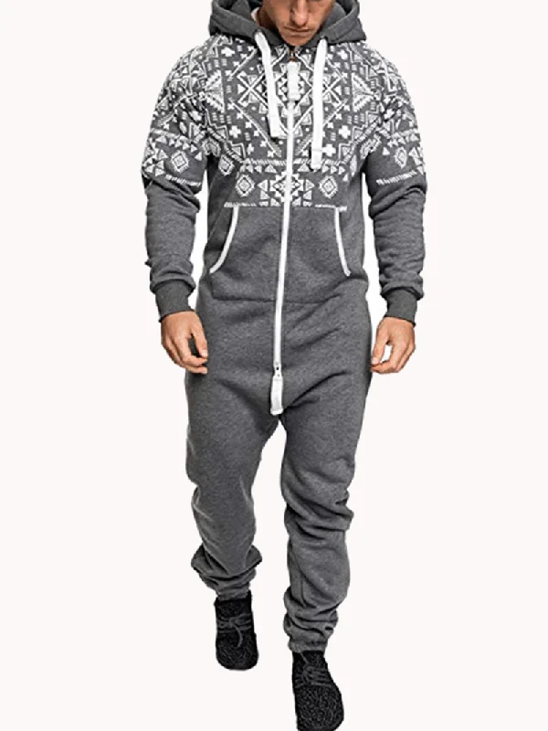 Mens Casual Hooded Loungewear Pure Color Siamese Jumpsuit