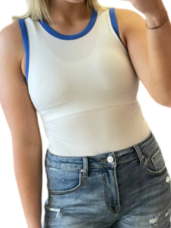 Round Neck Ribbed Color Block Bodysuit In White/blue