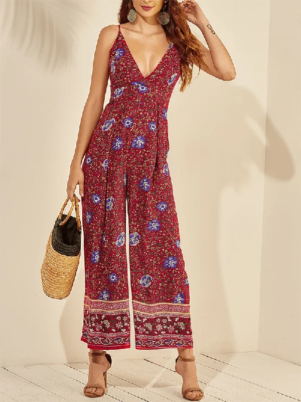 Women Floral Print Ethnic Style Sleeveless V-Neck Wide Leg Jumpsuit