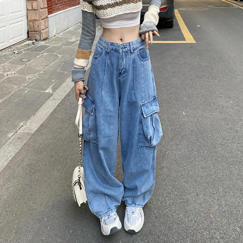 Retro Workwear Denim Women's Straight Loose Wide-leg Pants