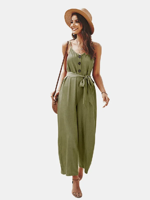 Straps Causal Tie Waist Solid Color Loose Jumpsuit for Women