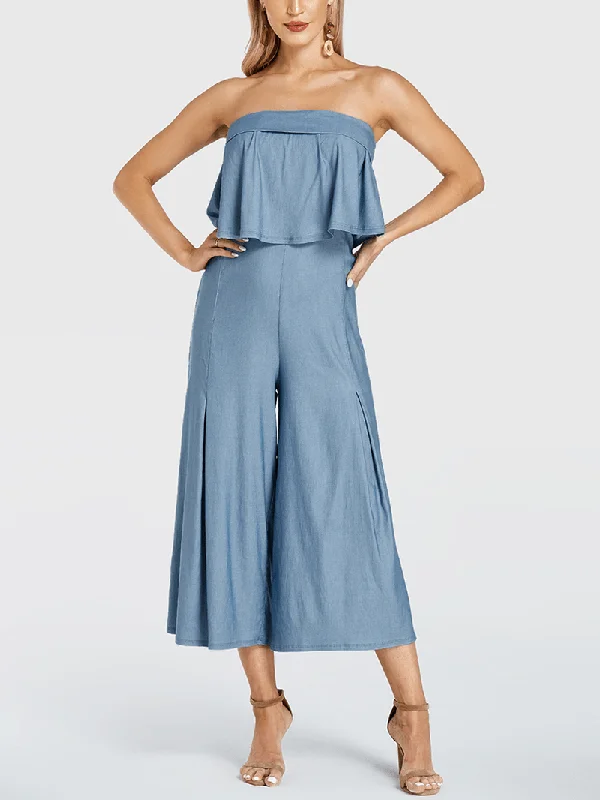 Women Solid Color Ruffle Pleated off Shoulder Long Casual Jumpsuit