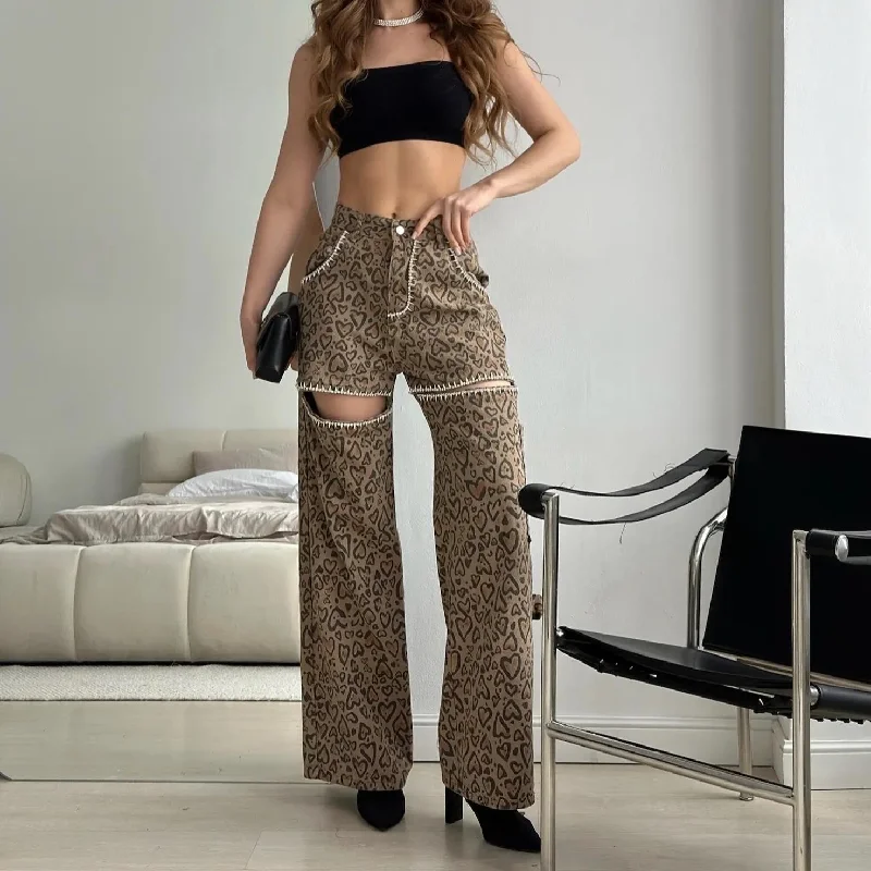 High Waist Leopard Patchwork Denim Wide-Leg Pants