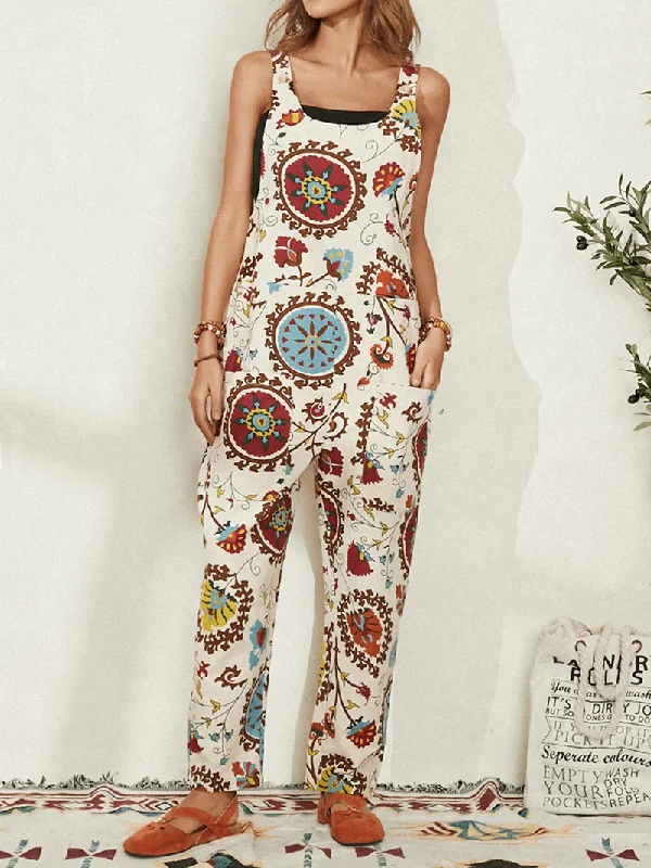 Women Ethnic Pattern Print Straps Casual Loose Jumpsuit with Pocket