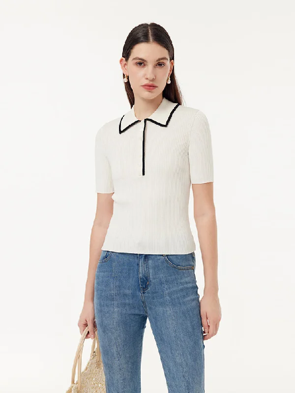 Contrast Trim Women Polo Knit Top