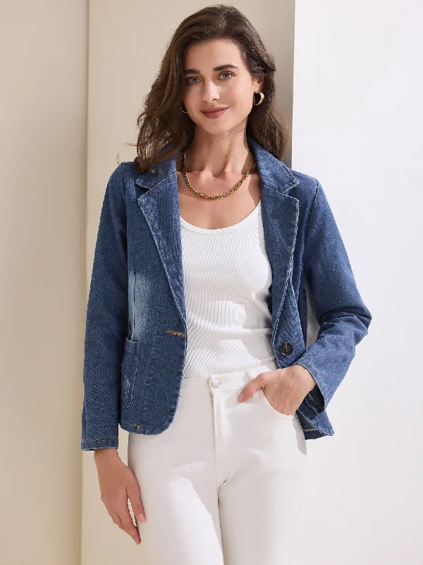 Denim Casaul Notched Lapel Washed Jean Jackets Blazer