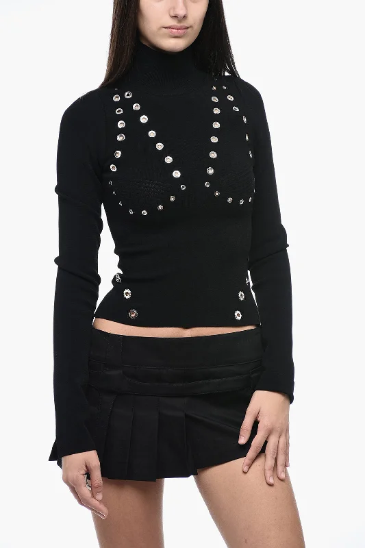 Off-White Stretchy Turtleneck Top With Eyelet Detailing