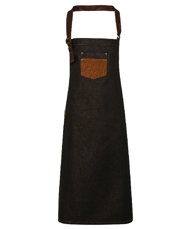 Black/Tan Denim - Division waxed-look denim bib apron with faux leather