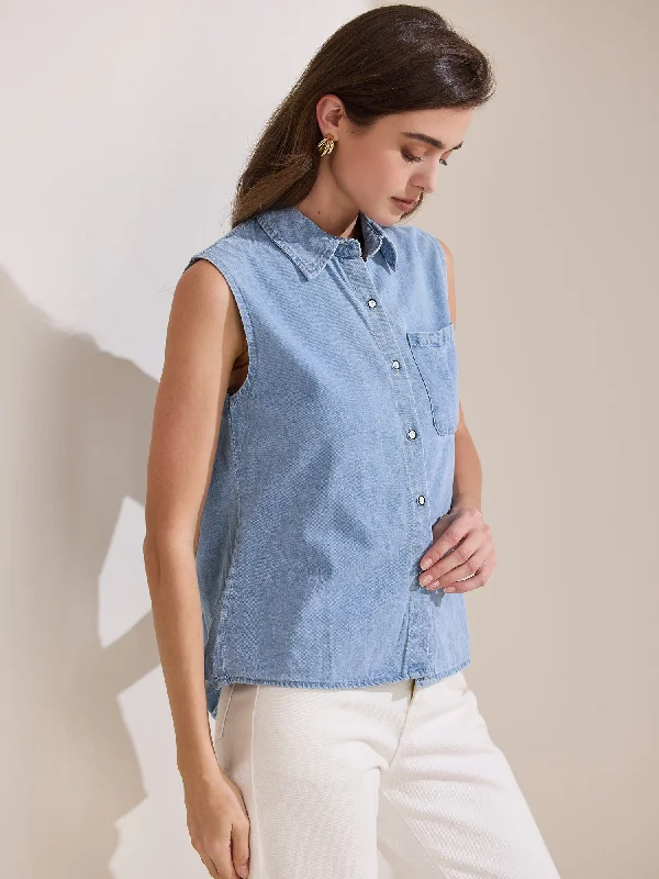 Collared Sleeveless Denim Button Down Pocket Blouse