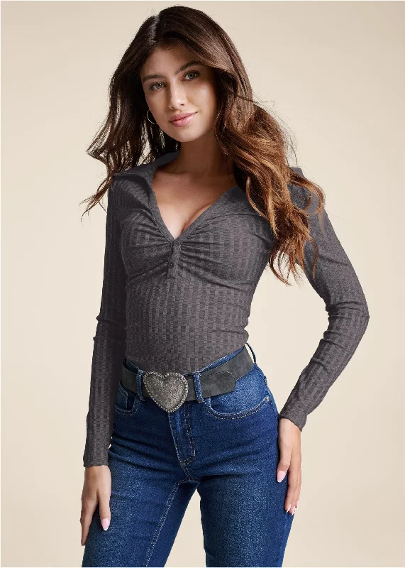 Plunging Collared Bodysuit - Dark Heather Grey