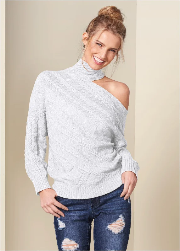 One-Shoulder Turtleneck Sweater - White