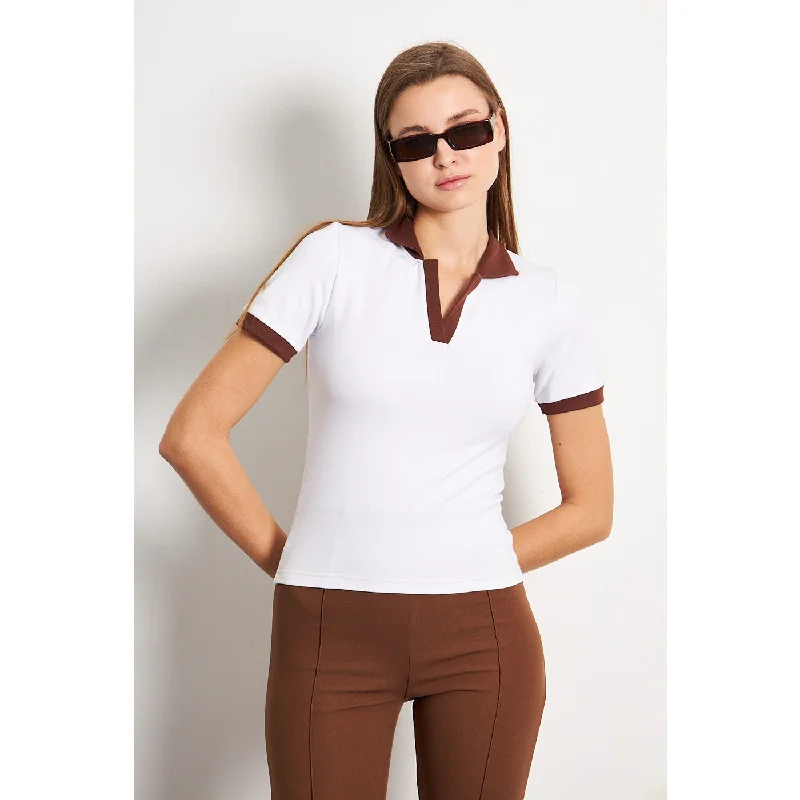 White Brown Rib Knit Polo