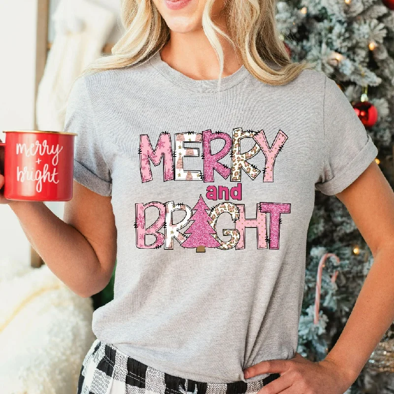 Merry and Bright Christmas Shirt, Womens Christmas TShirt, Christmas Tree Graphic Tee, Holiday Outfit