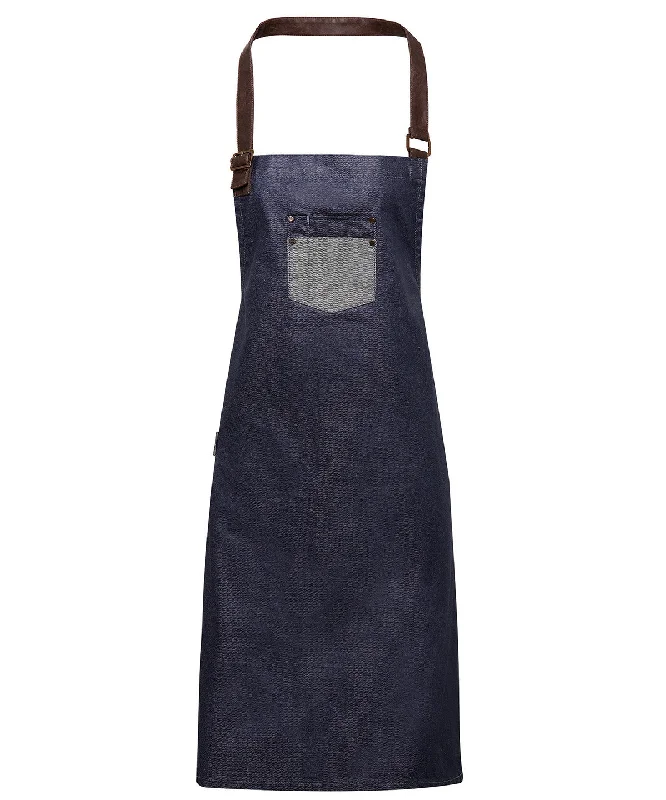 Indigo Denim - Division waxed-look denim bib apron with faux leather