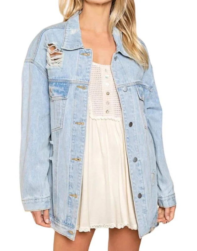 Je T'aime Mon Amour Distressed Denim Jacket In Denim Multi