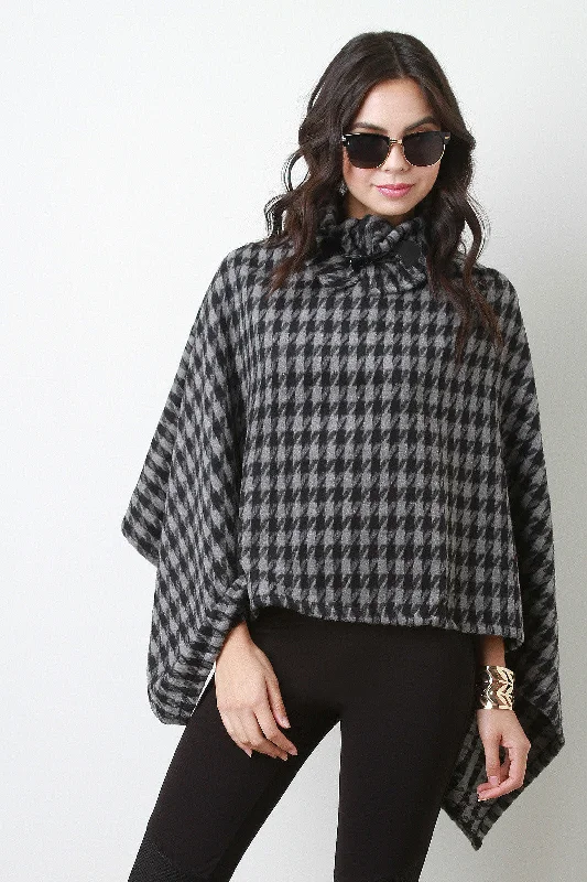 Houndstooth Knit Turtleneck Poncho