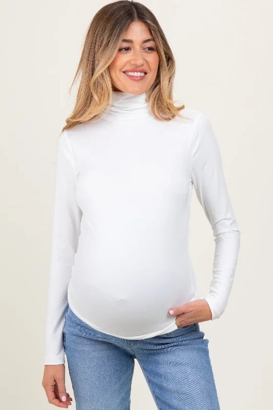 White Brushed Knit Basic Turtleneck Maternity Top