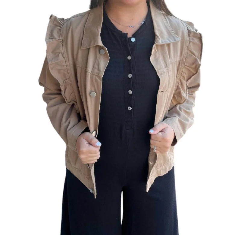 Ruffled Denim Jacket In Tan