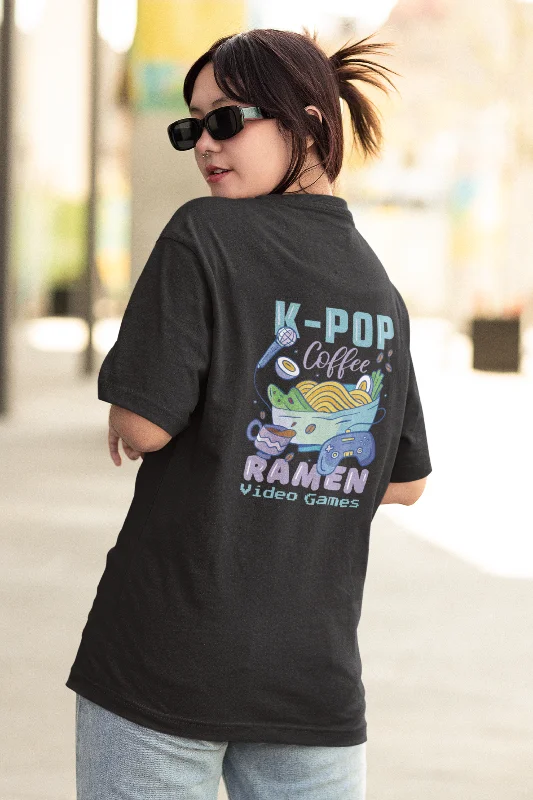 K Pop Ramen Black Printed Oversized T-shirt for women