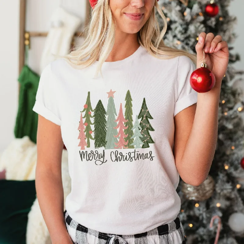 Merry Christmas Tree Shirt, Merry & Bright Xmas TShirt, Holiday Graphic Tee, Womens Winter Shirt