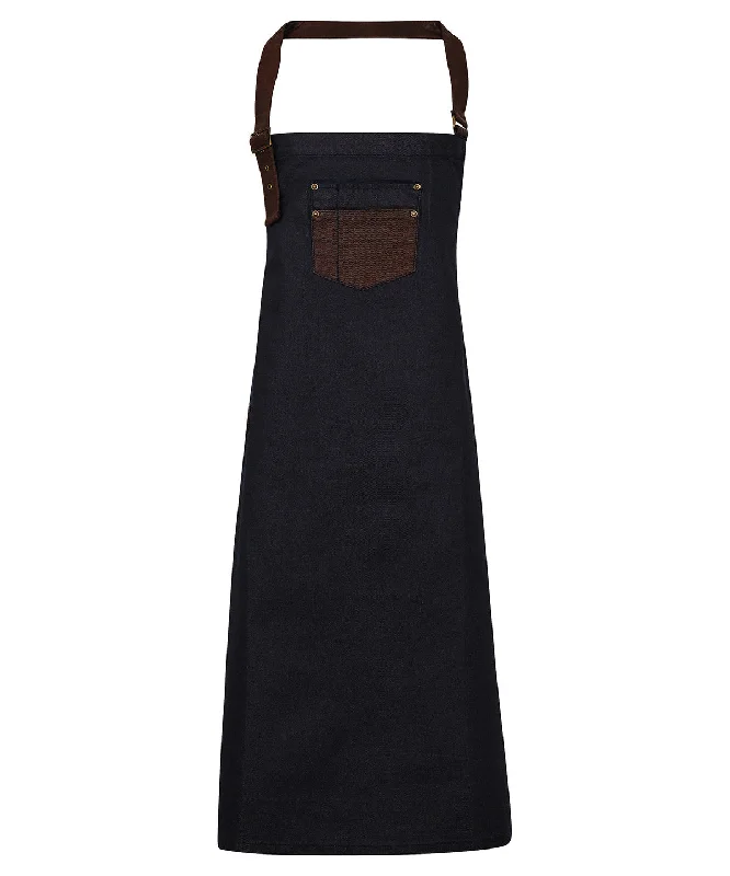 Indigo/Brown Denim - Division waxed-look denim bib apron with faux leather