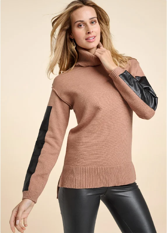 Two-Tone Turtleneck Sweater - Tan Multi