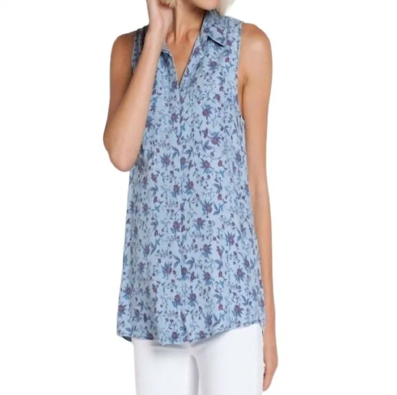 Summer Petals Sleeveless Button Down Top In Blue Denim