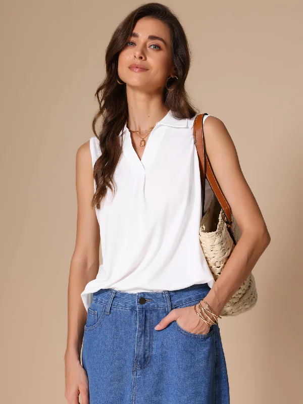 Sleeveless Collar V Neck Solid Color Polo Casual Top