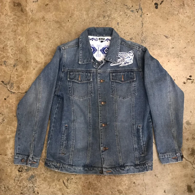 LANDS END DENIM JACKET W/ YS GLASSES EMBROIDERY / FLYING BIRD PATCH