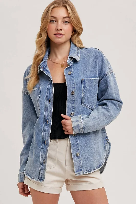 Button Down Dolphin Hem Denim Jacket