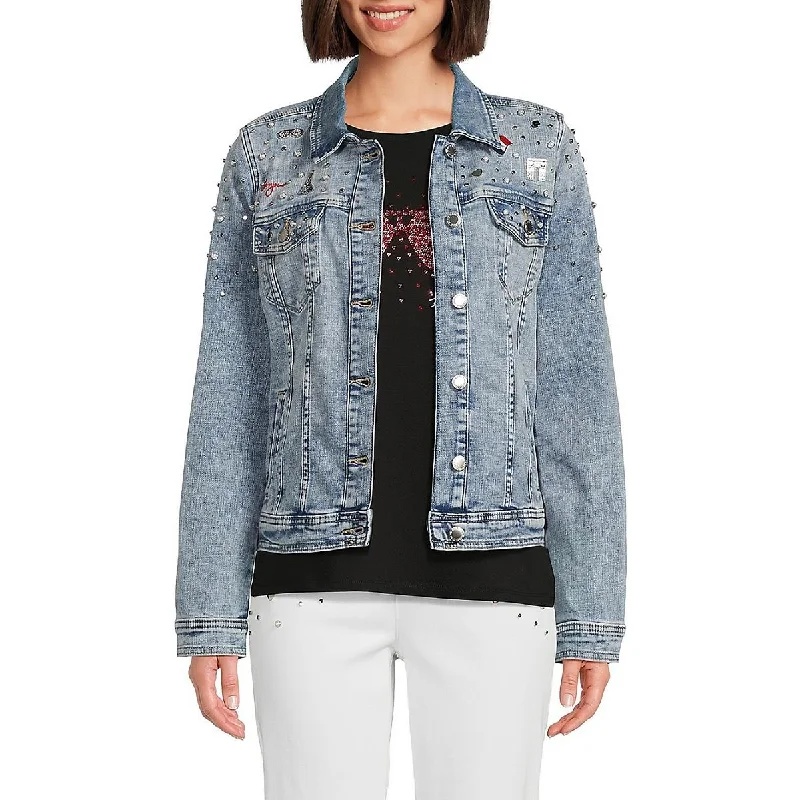 Karl Lagerfeld Womens Embellished Long Sleeve Denim Jacket