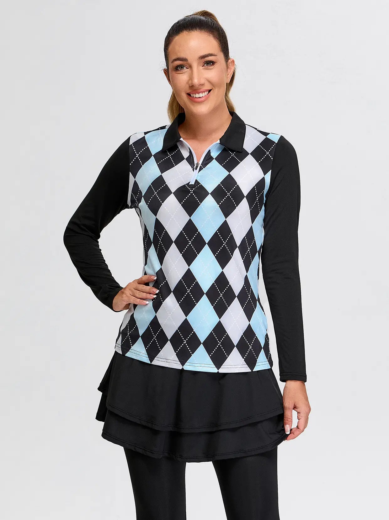 Black and Blue Argyle Quarter-zip Long-sleeve Fleece Top for Women