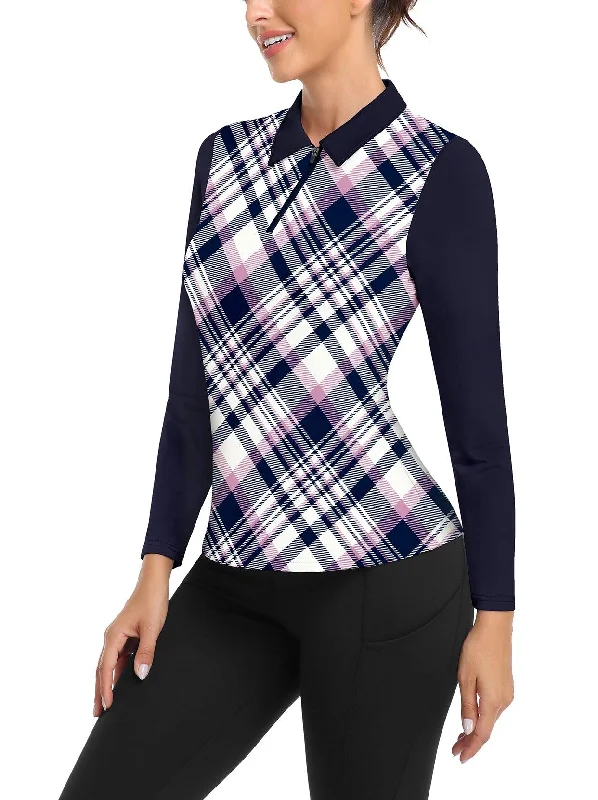 Blue and Purple Checkerboard Long-sleeve Fleece Top for Women