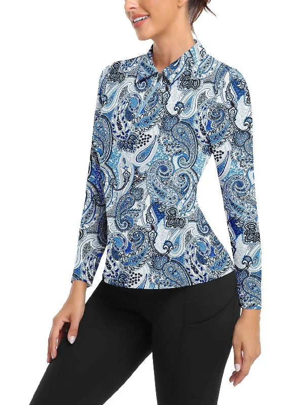 Blue Vintage Print Long-sleeve Fleece Top for Women