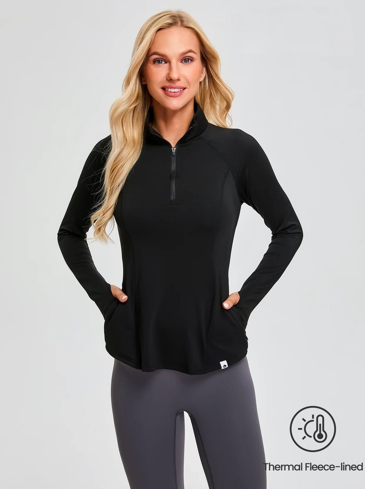 Solid Black Quarter-zip Long-sleeve Fleece Tops for Women