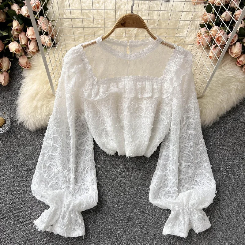 Lovely see-through long-sleeved lace top   S254