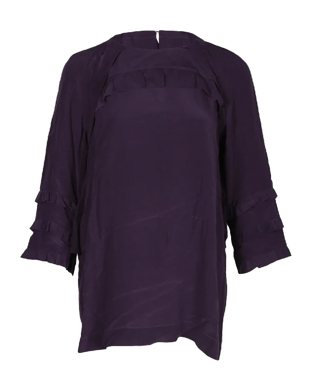 Miu Miu Long-Sleeve Ruffled Top in Purple Silk