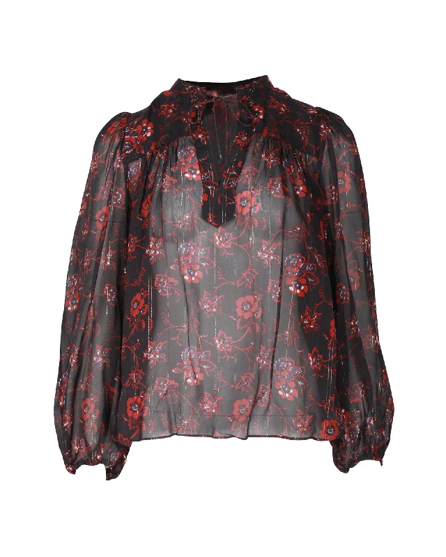 Ulla Johnson Floral Long-Sleeve Top in Black Silk