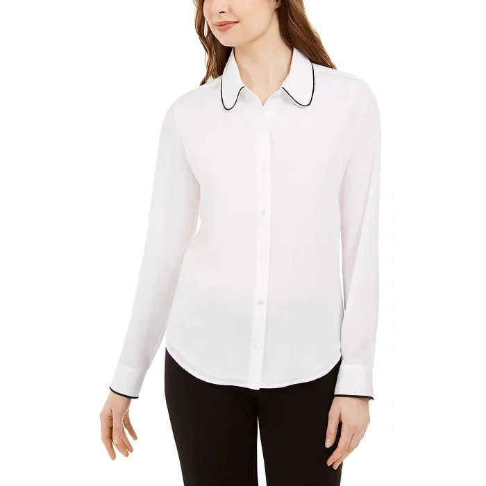 Calvin Klein Women's Long-Sleeve Collared Top White Size Medium