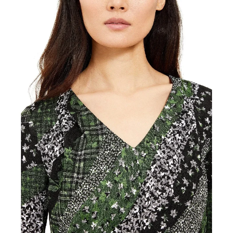 Michael Kors Women's Mixed Print Long-Sleeve Top Green Size Small