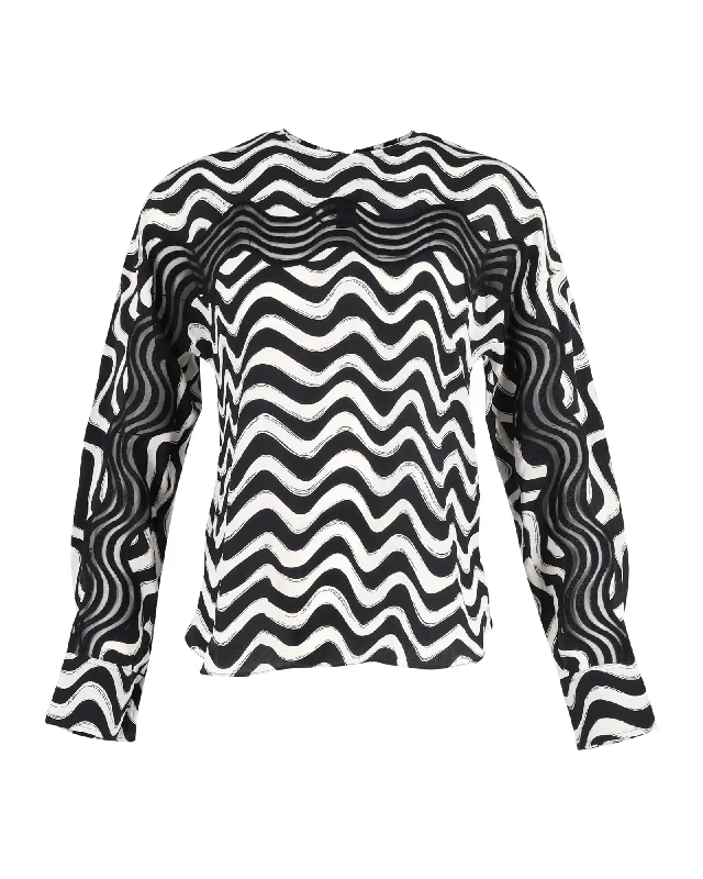 Stella McCartney Wave-Print Long-Sleeve Blouse in Black and White Silk