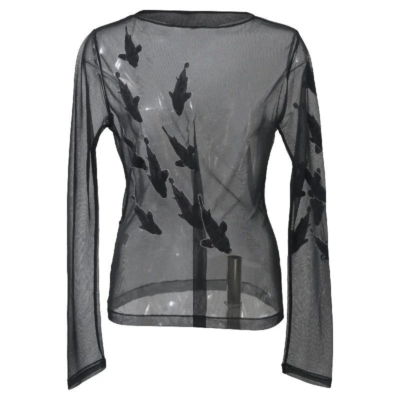 Yohji Yamamoto Fish Print Long-Sleeved Sheer Top in Black Nylon