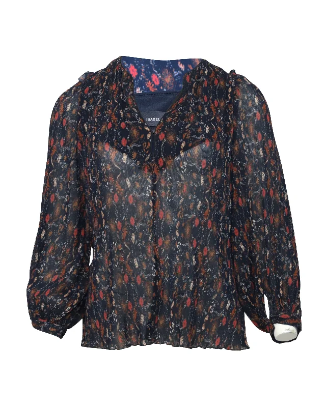 Isabel Marant Pleated Long-Sleeve Blouse in Floral Print Polyester