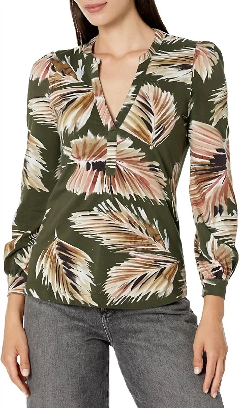 Long-Sleeve Fern Henley Top In Green Multi