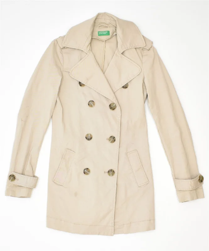 BENETTON Womens Double Breasted Coat UK 6 XS Beige Cotton