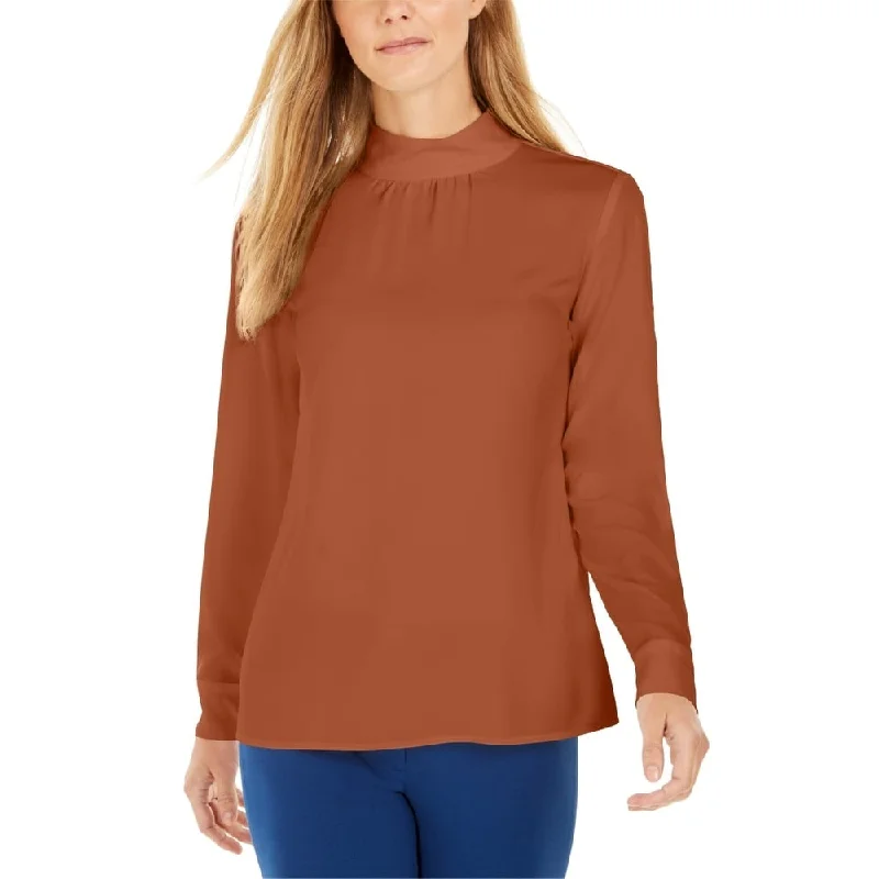 Calvin Klein Women's Mock-Neck Long-Sleeve Top Brown Size Small