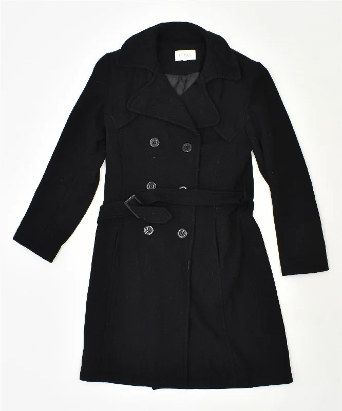 CIVAS Womens Double Breasted Coat EU 36 Small Black Wool Vintage